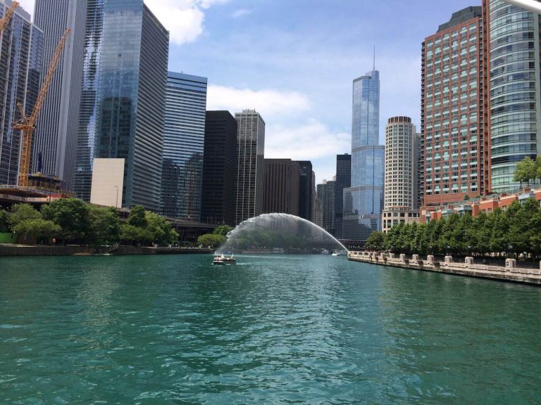 a large body of water with Chicago River in the background